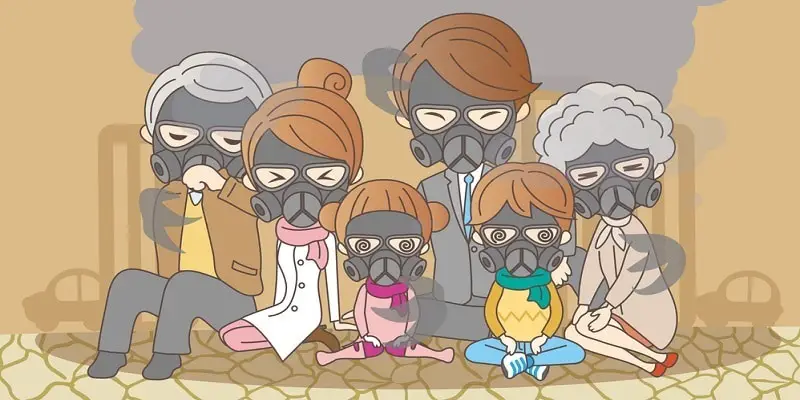 cartoon family with air pollution