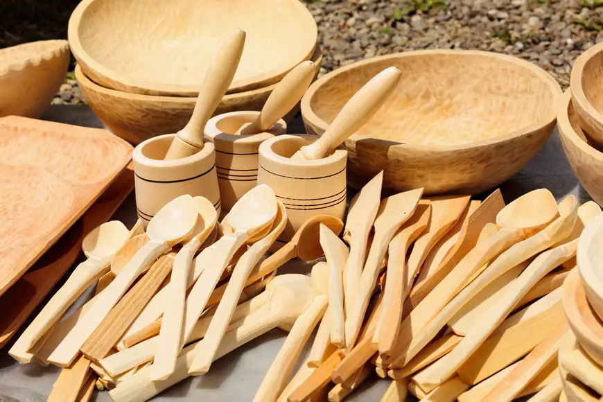 Traditional carved wood dishware