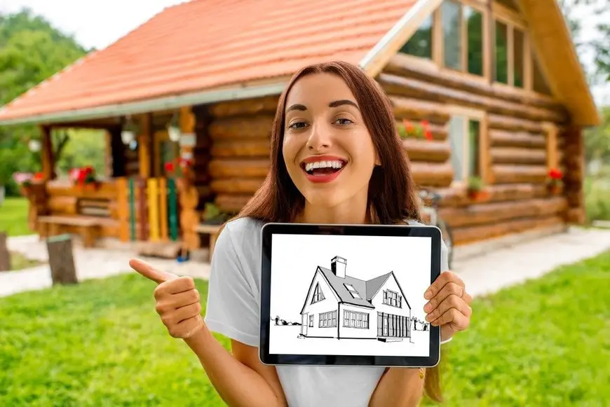 Woman showing digital tablet with house drawing