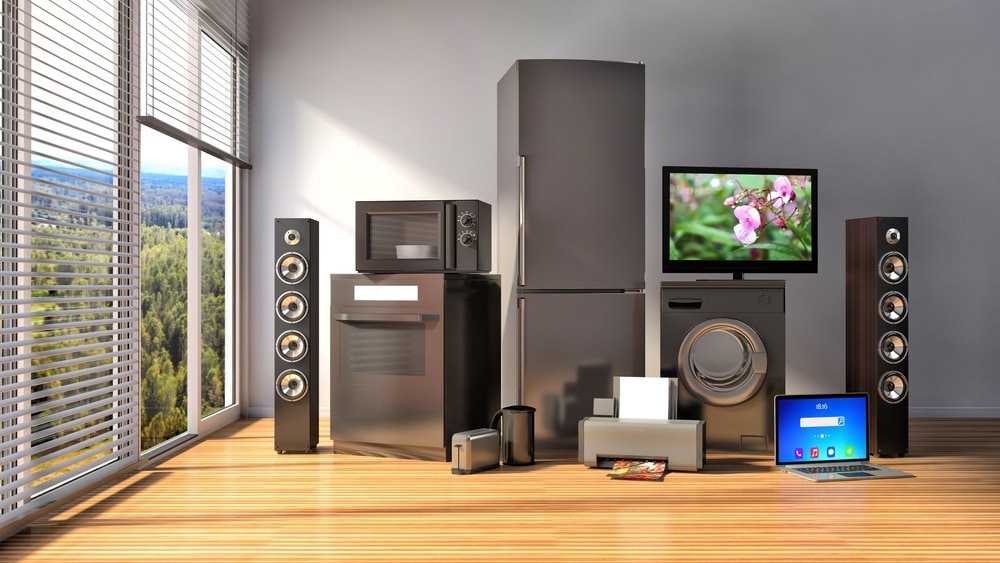 Home appliances. Gas cooker, tv cinema, refrigerator, microwave,