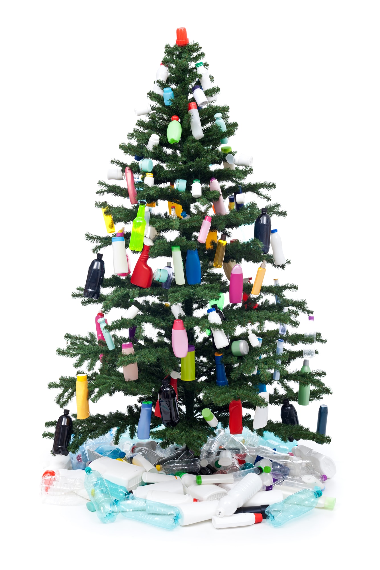 Plastic bottles waste decorating a christmas tree - environment concept