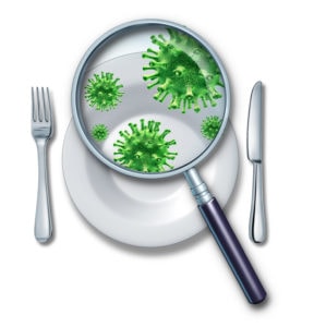 Contaminated food poisoning concept and foodborne illness due to dangerous toxic bacteria parasites and viruses contaminantes as salmonella and e coli as food