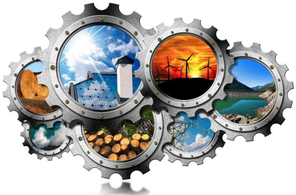 Renewable Energy Concept - Group of gears with the sustainable energies. Wind, solar, biomass, hydropower, power of the sea