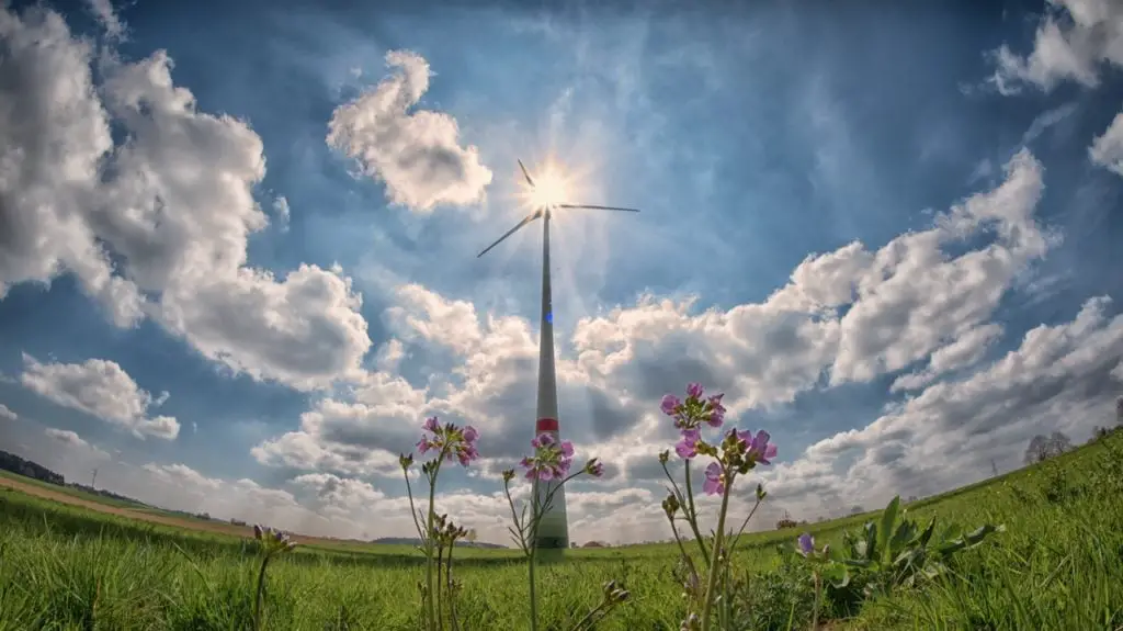 Wind energy turbine on the grass ground with flowers in bright sky background