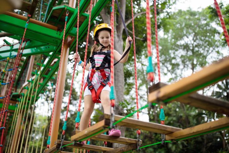 Child in forest adventure park. Kids climb on high rope trail. Agility and climbing outdoor amusement center for children. Little girl playing outdoors. School yard playground with rope way.
